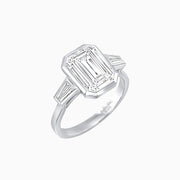 Modern Art Deco Inspired Emerald-Cut Bezel Engagement Ring with Tapered Baguette Side Stones - Shahin Jewelry
